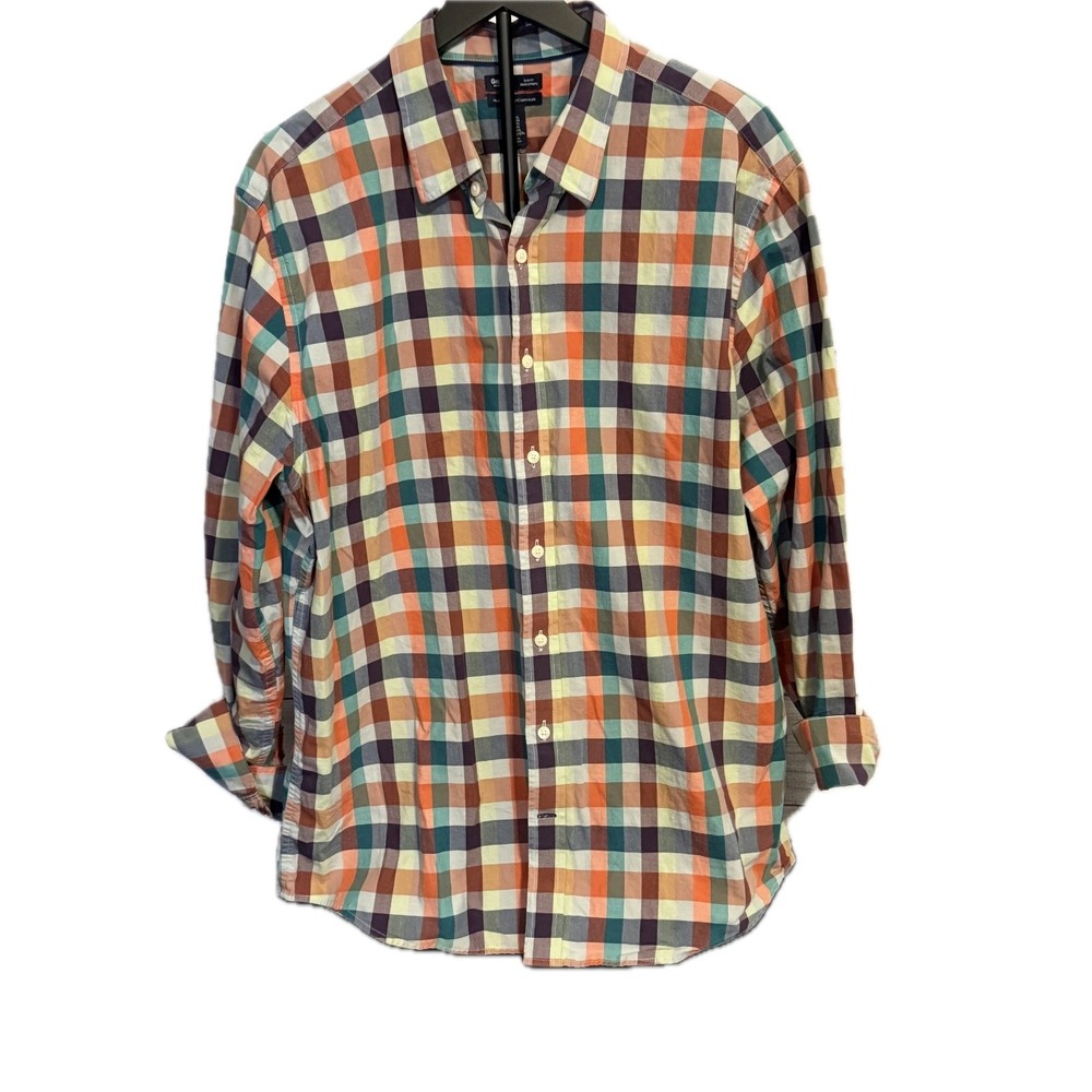 GAP Men's Plaid‎ Shirt XXL Slim Fit Long Sleeve Orange Green Cotton